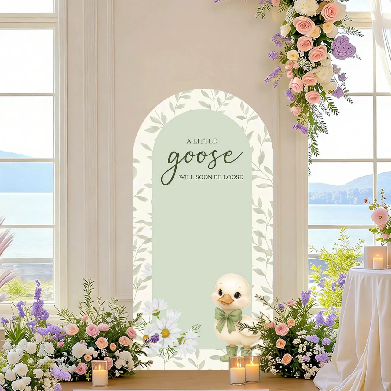Mehofond Custom Sage Green Little Goose Daisy Floral & Striped Kids 1st Birthday Party Baby Shower Cover Arch Decor Backdrop