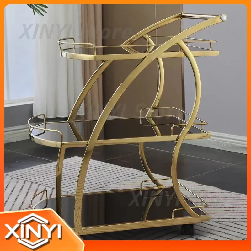 Hand Push Stainless Steel Food Delivery Cart for Dim Sum Cake Wine Tea Service 4S Shop Restaurant Mobile Cart