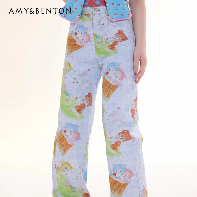

Japanese 2025 New Children's Fun Animal Printing Women's Straight-leg Pants Original Design Loose Sweet Versatile Jeans Ladies