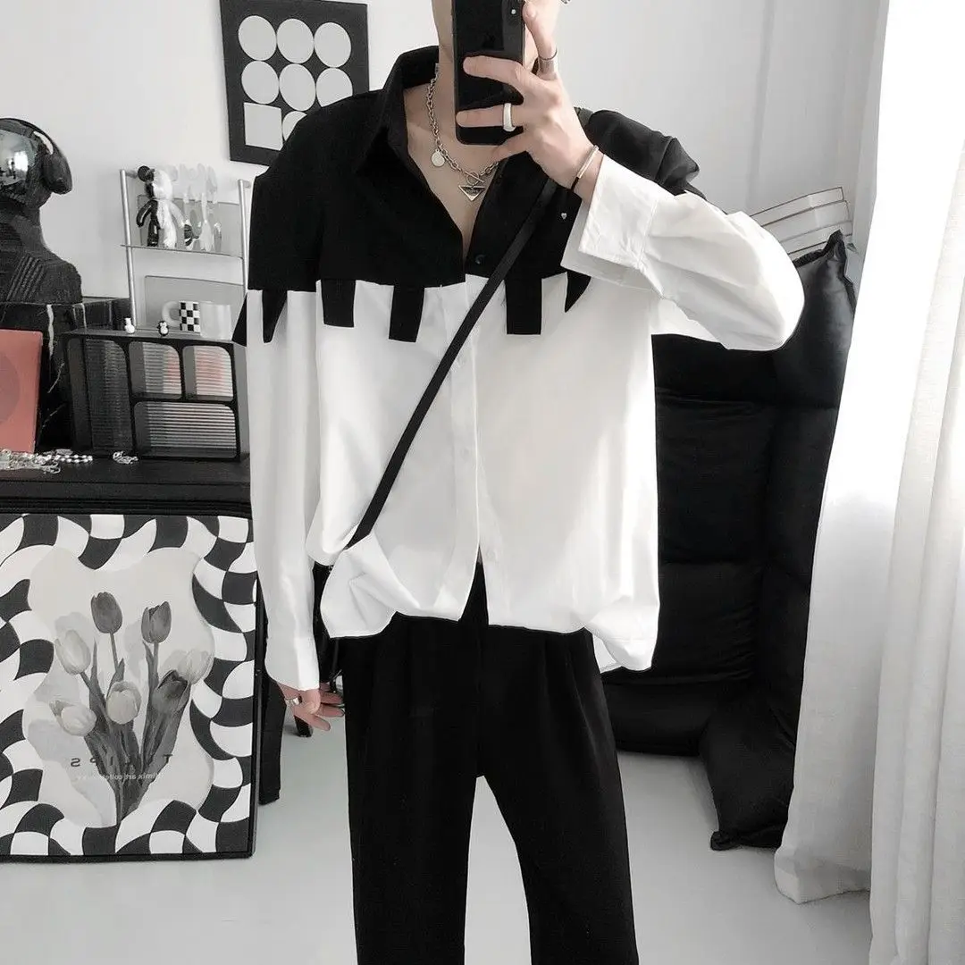 Men's 2026 Spring Autumn Color Block Patchwork Shirt Loose Long Sleeve Casual Streetwear Top