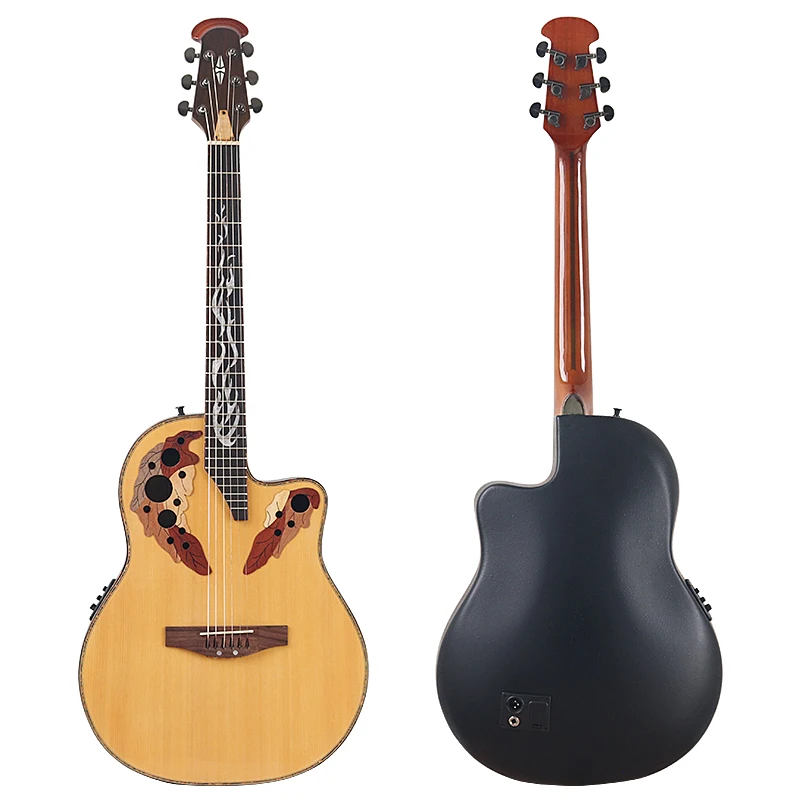 Akustikgitarre mit runder Rückseite und kleinen Fehlern, Decke aus Fichtenholz, Hochglanz-Finish, 6