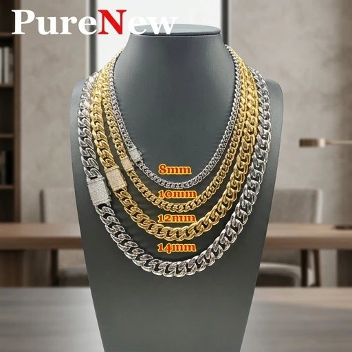 8-18mm Unisex Moissanite Cuban Chain Stainless Steel Gold Necklace Hip Hop Trendy Jewelry