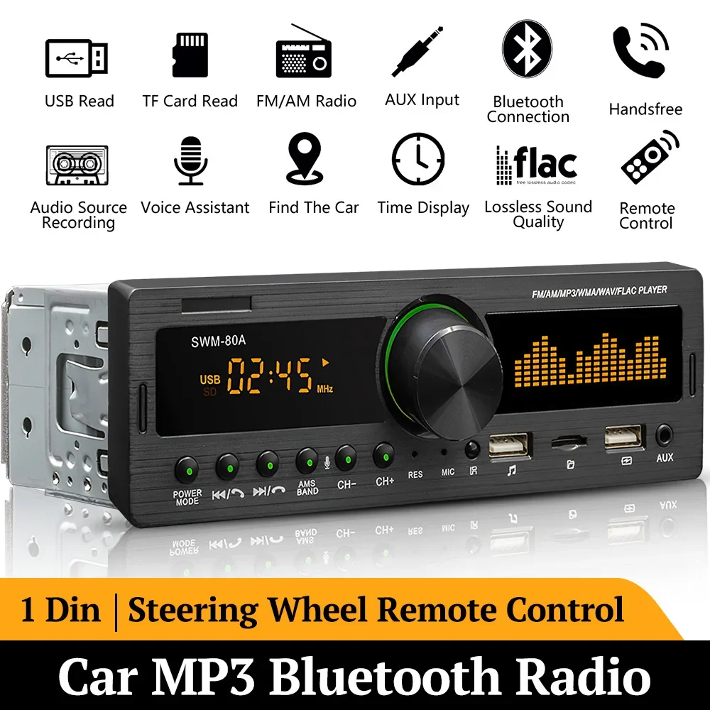 New Car Radio Audio Universal 1din Bluetooth Stereo MP3 Player FM Receiver 60Wx4 With Remote Control AUX/USB/SD Card In Dash Kit