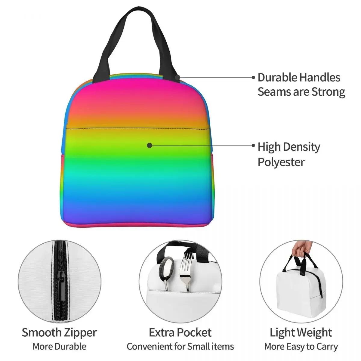 Neon Rainbow Ombre Insulated Lunch Bags Resuable Picnic Bags Thermal Cooler Lunch Box Lunch Tote for Woman Work Children School