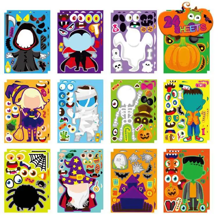 24-32pcs/set DIY Puzzle Sticker Halloween Make-a-Face Create Your Own Pumpkin Witch Children Party Decoration Kids Toys Gifts