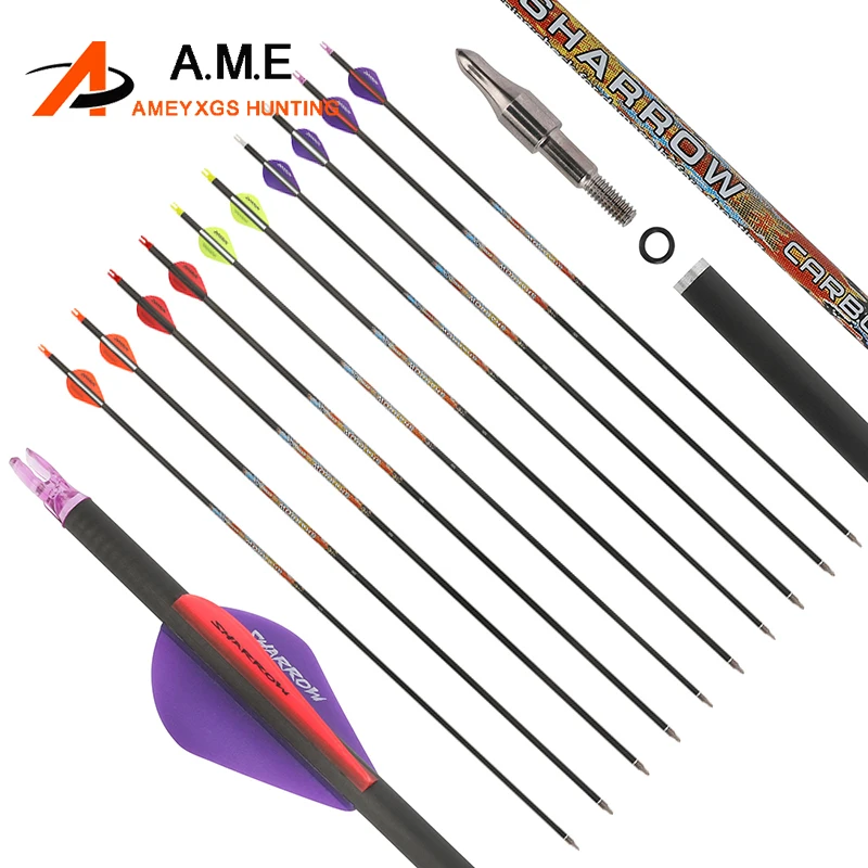 

6pcs Archery Arrow Pure Carbon Arrow 31" Arrow Shaft Spine 250 300 350 400 500 600 ID6.2mm Compound Bow Hunting Shooting Target