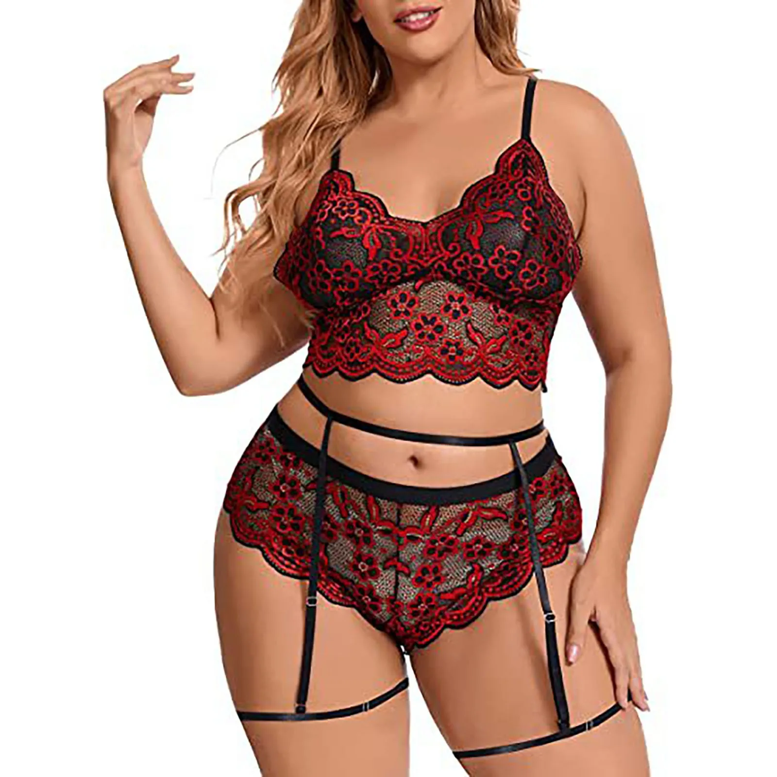 sensory mesh perspective sexy underwear Women\'s Plus Size Sexy Lingerie Lace Embroidery Three Point Three Piece Split Suit