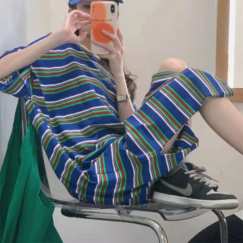 Short Sleeve Loose Contrast Striped Vintage T Shirt Dress Lazy Summer New All-match Casual Dresses Fashion Trend Women Clothing