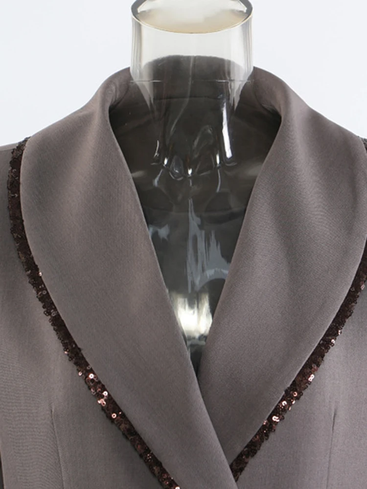 Woman Clothing Camel Sequins Spliced Big Size Long Blazer New Lapel Long Sleeve Jacket Fashion Tide Spring Autumn2025 outerwears