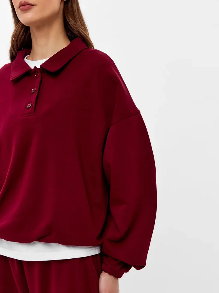 Damen-Hosenanzug 2-teilig Polokragen Langarm-Sweatshirt Pullover Elastische Taille Hose Streetwear Einfarbiger Oversize-Trainingsanzug – Detail 21