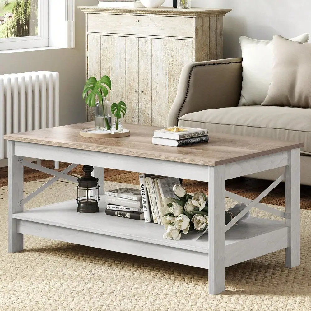 Table With Storage Shelf For Living Room,Modern Industrial Coffee Tables With 2Tier Thicker Legs,Wood Accent Cocktail Center Co