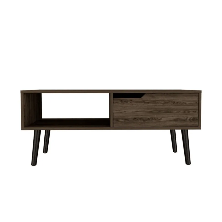 DEPOT E-SHOP Kobe Coffee Table One Open Shelf One Drawer Dark Walnut