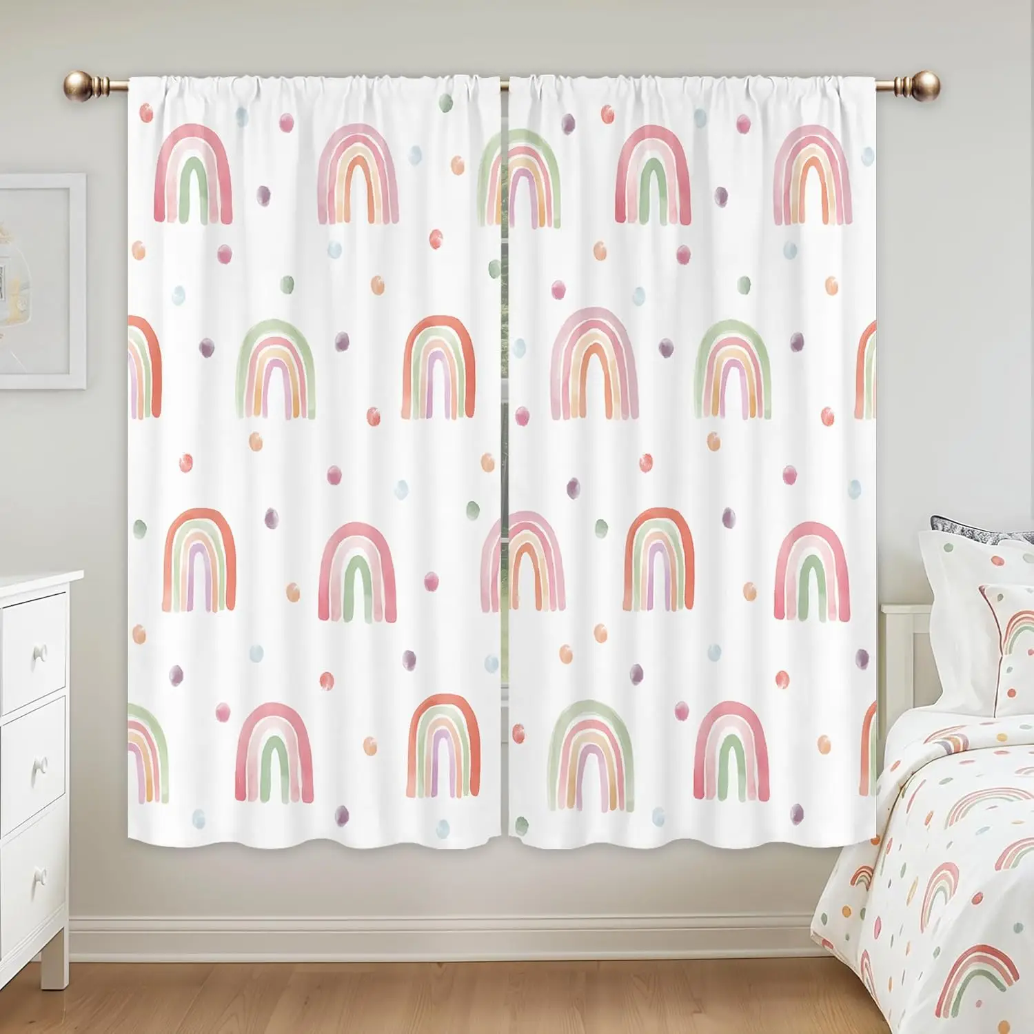 Cute Kids Rainbow Curtains for Bedroom 42Wx63H Inch Rod Pocket Colorful Boho Pink Funny Polka Dot Watercolor Toddler Nursery Gir