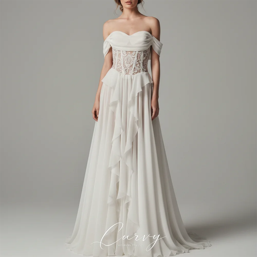 Curvy Modern Elegant Chiffon Wedding Gown for Women Off‑the‑Shoulder Lace Waist Detail Ruffle Skirt Forest Wedding Party