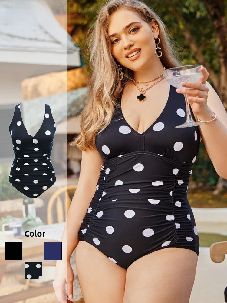 

2023 New plus Size Swimsuit Women Sexy Big Chest Conceal Slimming Polka Dot Retro for plus Size up to 200 Pou