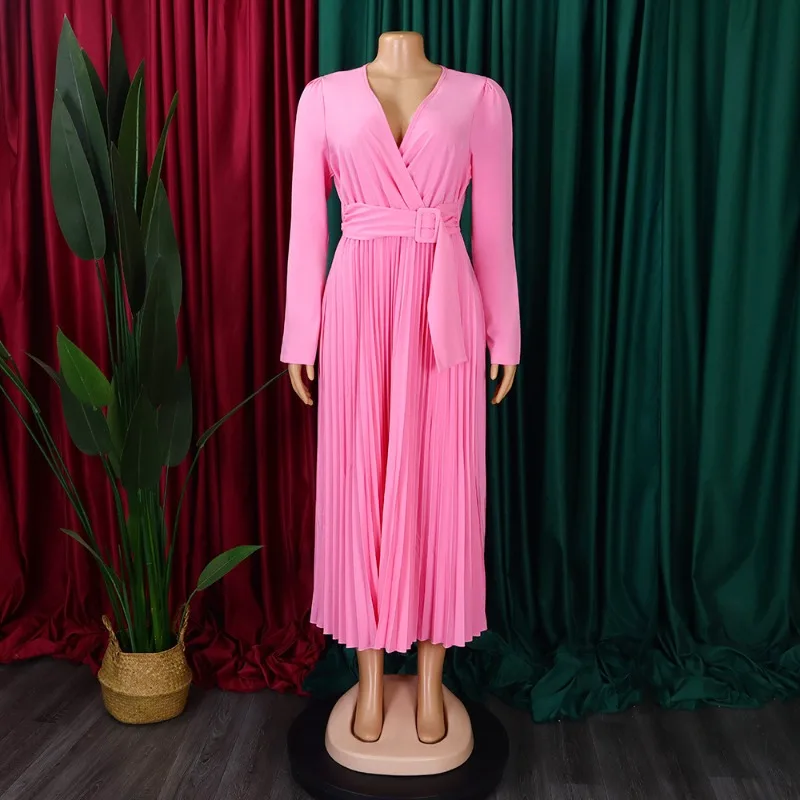 

Elegant African Women's Dresses 2025 Autumn Winter Clothing African V-neck Solid Color High Waist Long Sleeve Long Pleated Dress