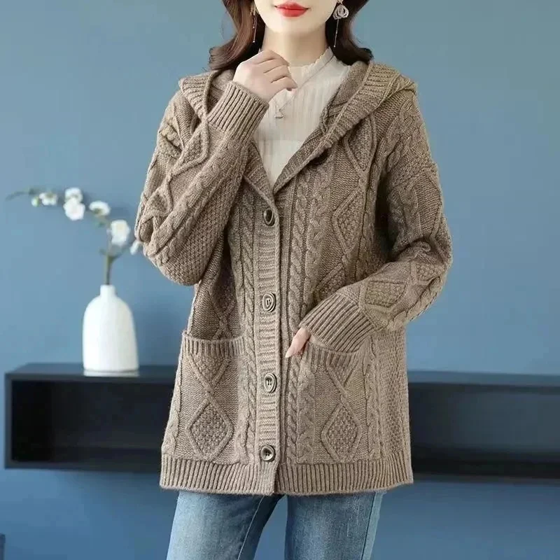 

Autumn WinterHooded Cardigan Sweater Jacket Women Fashion Loose Single-Breasted Knitted Sweater Coat Female Casual Outerwear