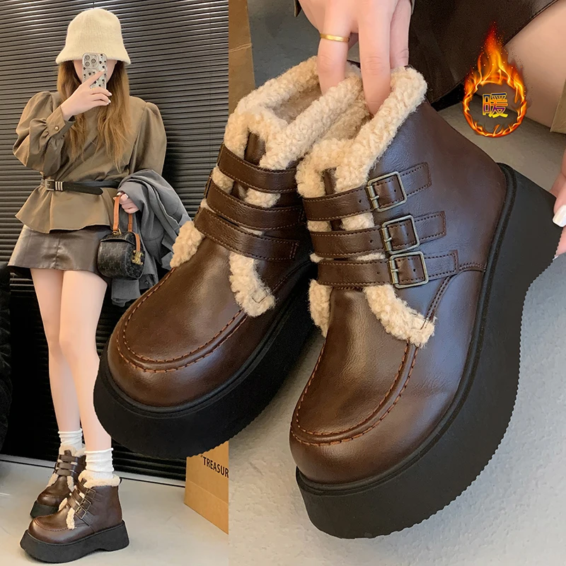

Winter Platform Ankle Boots for Women Fashion PU High-top Cotton Shoes for Women Warm Thick Bottom Casual Snow Boots Botas Mujer