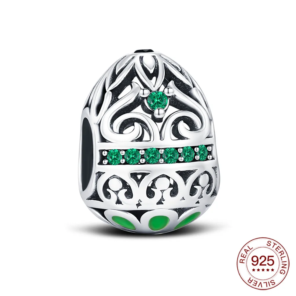 Charms aus 925er-Sterlingsilber, grünes Osterei, hohle Perlen, passend für Original-Armbänder für Frauen, Schmuck, Party, DIY, Geschenke, Zubehör