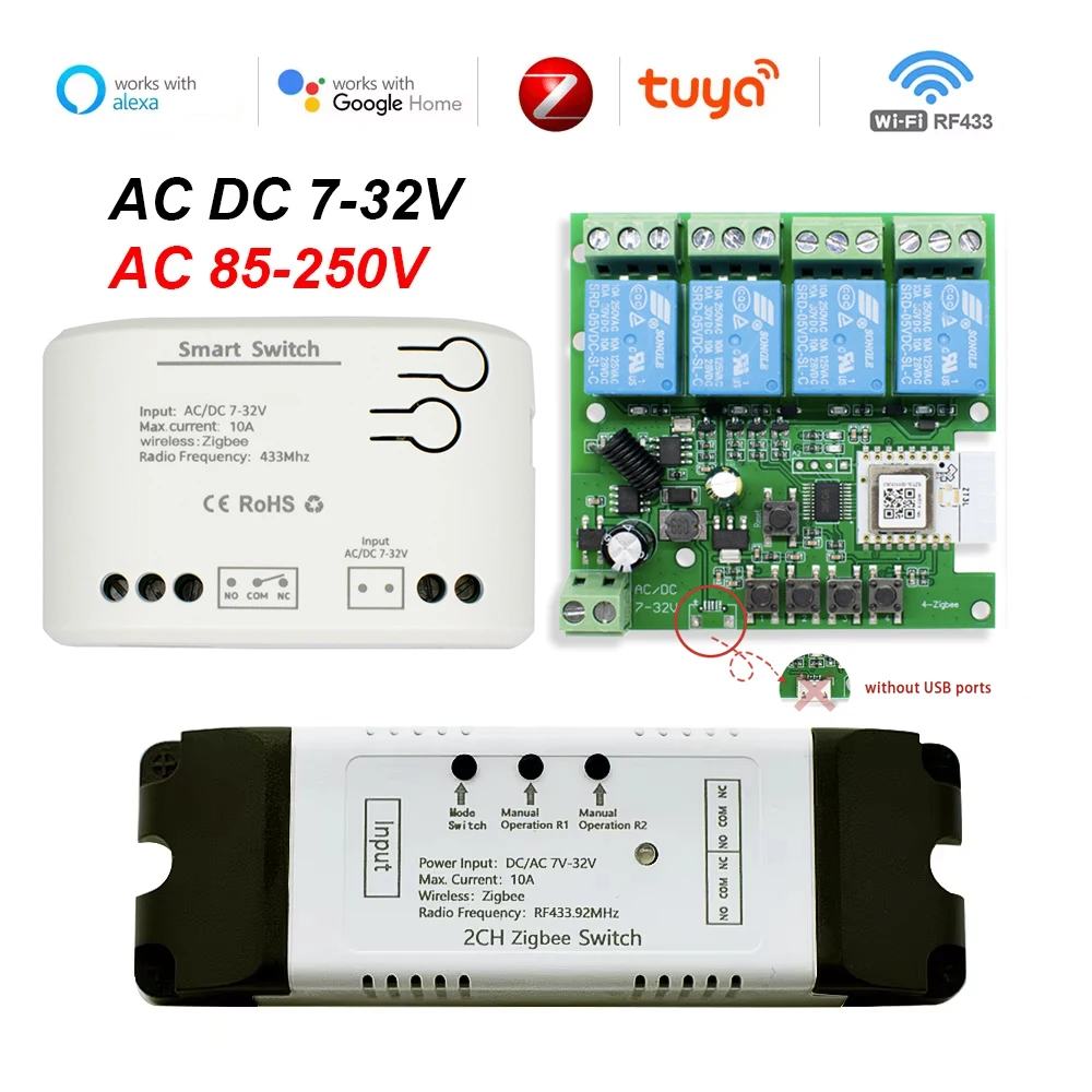 Dry Contact  Tuya Smart Zigbee Switch 1 2 4 Channels Zigbee Din Rail Relay Board Module Two-channel RF 433 Relay 12V 24V 230V