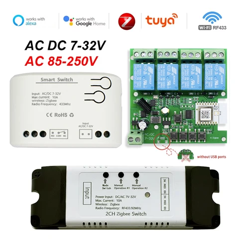 Imagen 2 del producto Tuya Zigbee interruptor inteligente Control remoto 1ch 2ch 4ch módulo de relé Zigbee 12V 24V 220V contacto seco para luz Motor garaje Alexa