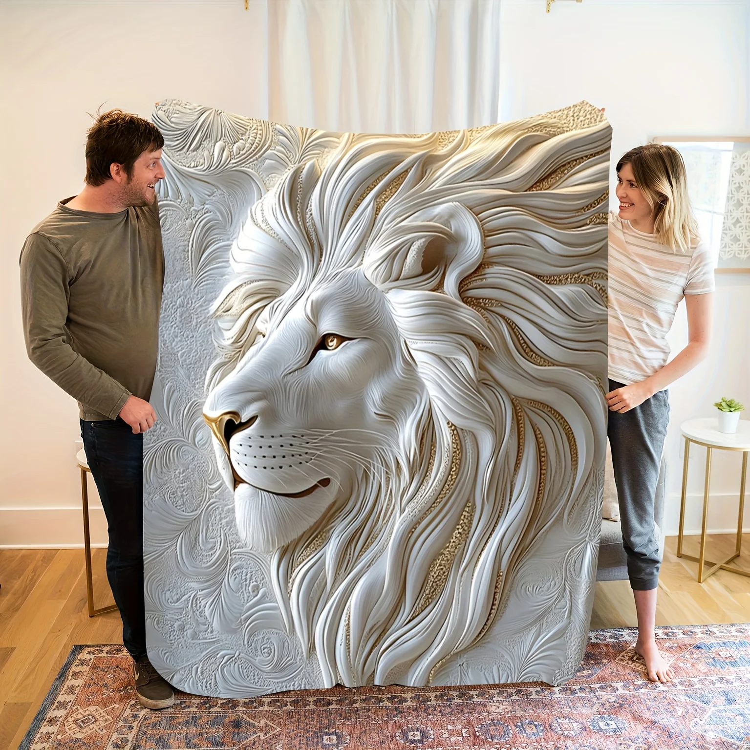 Majestic Lion 3D Blanket, Realistic Golden Mane Design, Plush All-Season Accent Throw, Impressive Animal Lover Gift Idea