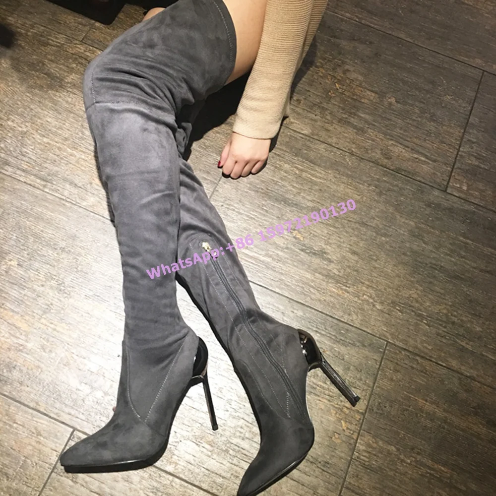 

Bud Heels Thigh High Boots Black Gray Pointy Toe High Heels Side Zipper Elastic Shoes Winter Sexy Women's Fashion Runway Boots