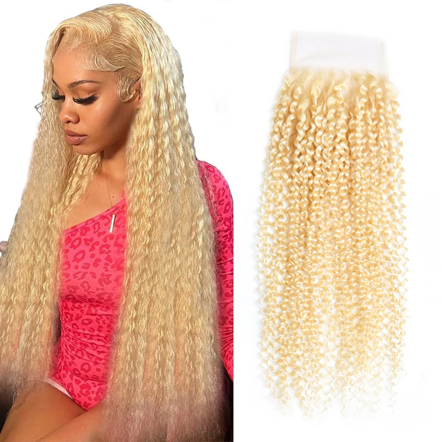 

Накладка для волос 613 Kinky Curly с прозрачным кружевом 4x4, 100% бразильские натуральные волосы, блонд, свободная линия роста волос