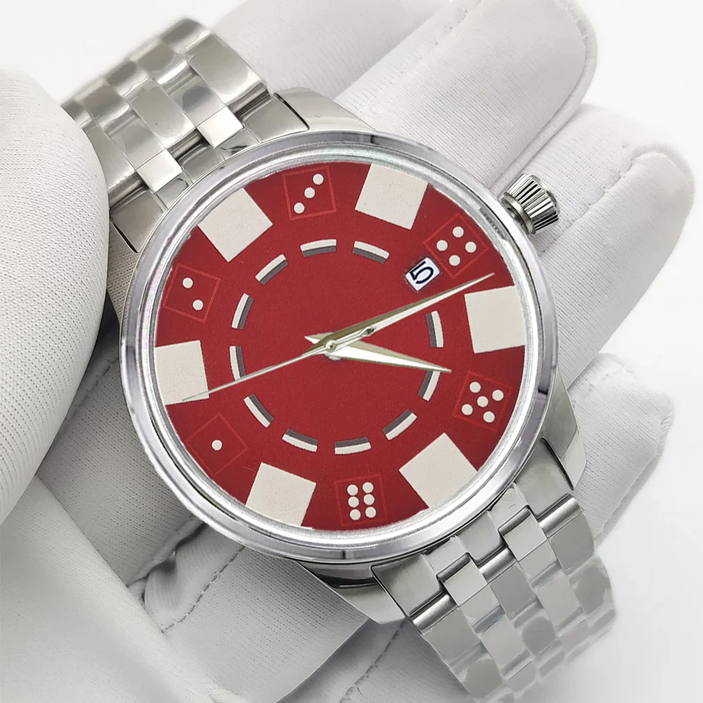 مخصص nh35 ساعة 40.5 مللي متر كوكتيل ساعة أوتوماتيكية للرجال nh35 حركة مزدوجة قبة مقاوم للماء ساعة من الفولاذ المقاوم للصدأ c3 ضوء