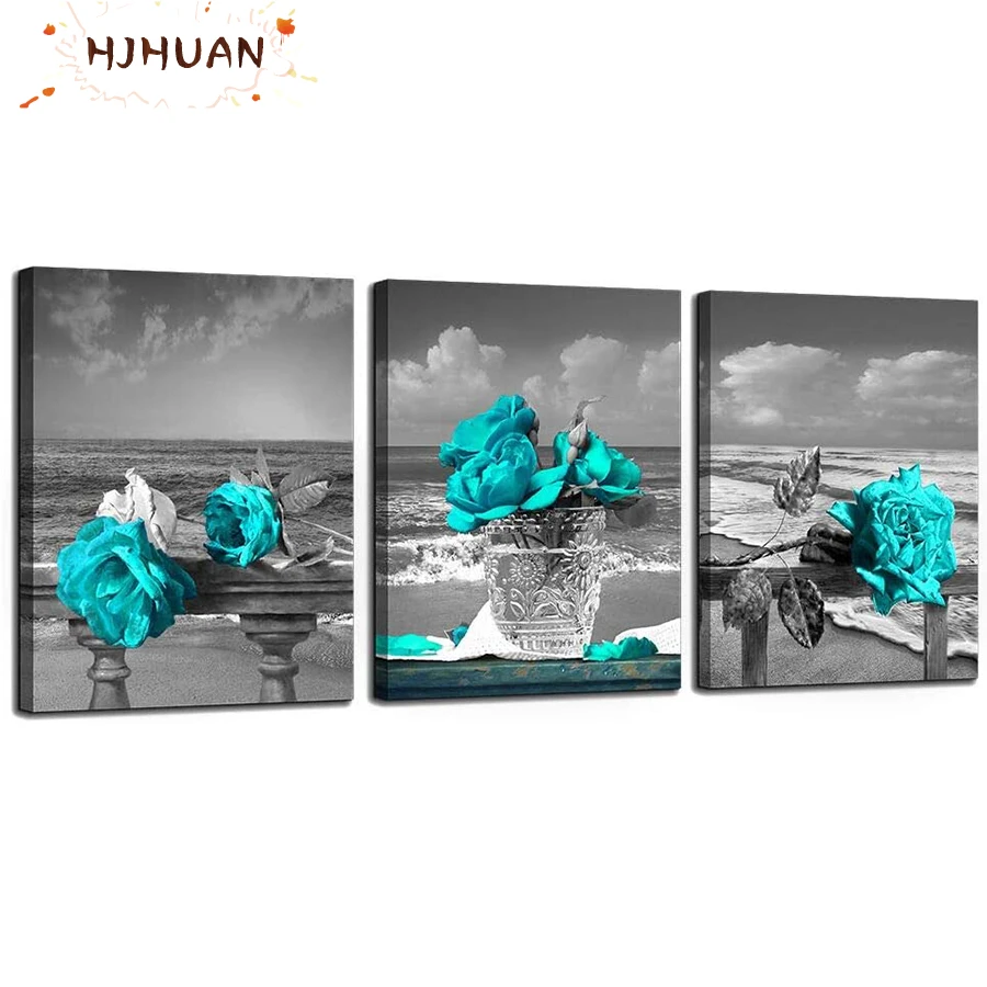 

3pcs Black and white landscape, cyan roses Diamond Painting Kit Full Drill Square Mosaic Art Picture of Rhinestones Decor Gift