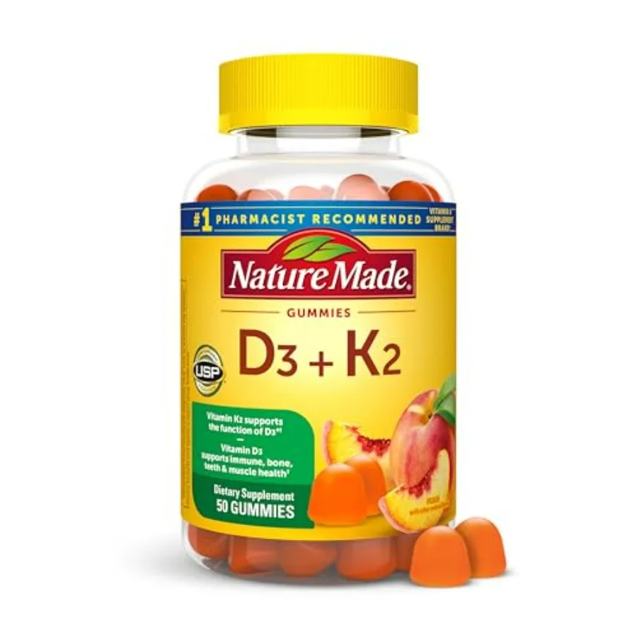 Nature Made Vitamin D3 K2 Gummies, Vitamin D 5000 IU Per Serving for Bone, Teeth, Muscle and Immune Support, 50 Gummy Vitamins,