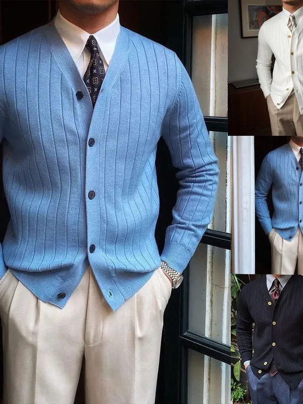 

Men's V-Ne Button-Up Knitted Cardigan Slim Fit Long Sve Color Casual Sweater Gentleman Sle Outerwear