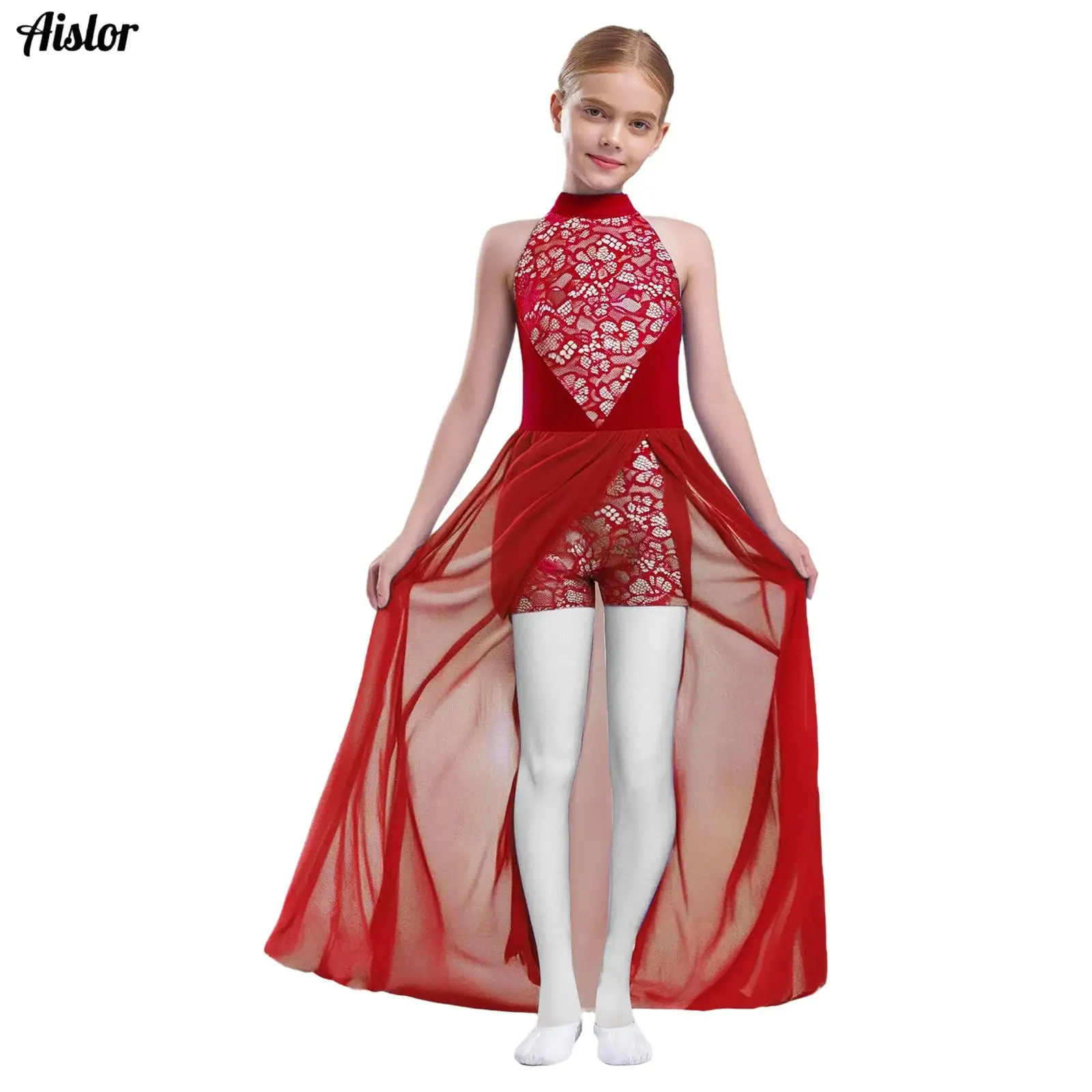 

Kids Girls Lyrical Dance Dresses Halter Sleeveless Lace Flower Flowy Mesh Overlay Leotard Jumpsuit for Modern Dance Competitions