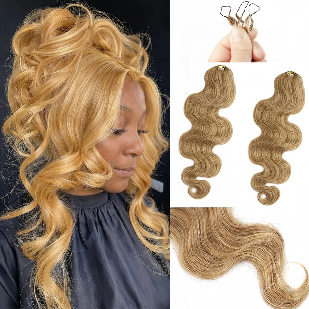Upgrade Handmade Body Wave Feather Crochet Human Hair With String #27 Honey Blonde Color Curly Crochet Bulk Human Hair Extension