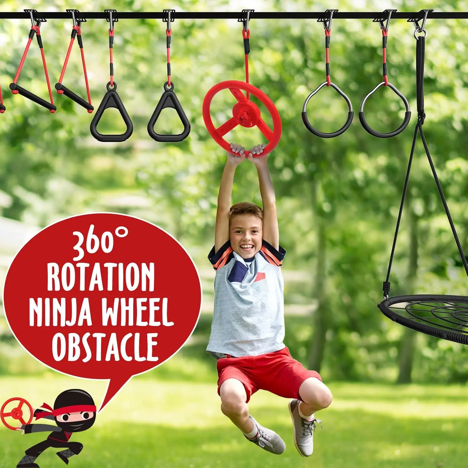 50 ft Ninja Warrior Obstacle Course for Kids with Tree Swing, Portable Slackline Swing Set with Weather-Proof Obstacles, Tree Ju