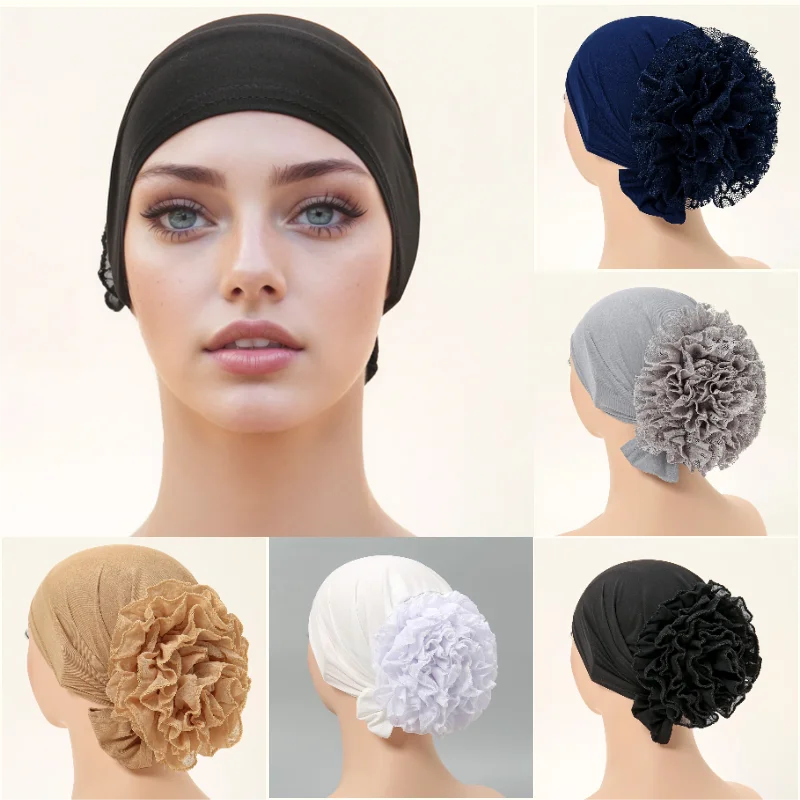 

Fashion Lace Chiffon Floral Inner Hijab Muslim Instant Hijab Crystal Linen Plain Headscarf Undercap Elastic Bonnet Turban