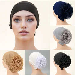 Fashion Lace Chiffon Floral Inner Hijab Muslim Instant Hijab Crystal Linen Plain Headscarf Undercap Elastic Bonnet Turban