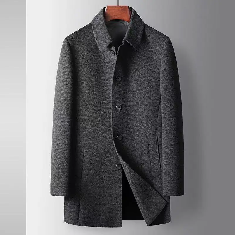 

2025 Autumn and Winter New Men's Medium to Long Woolen Coat with Detachable Collar, Down Inner Tank, Thickened Warm Woolen Coat