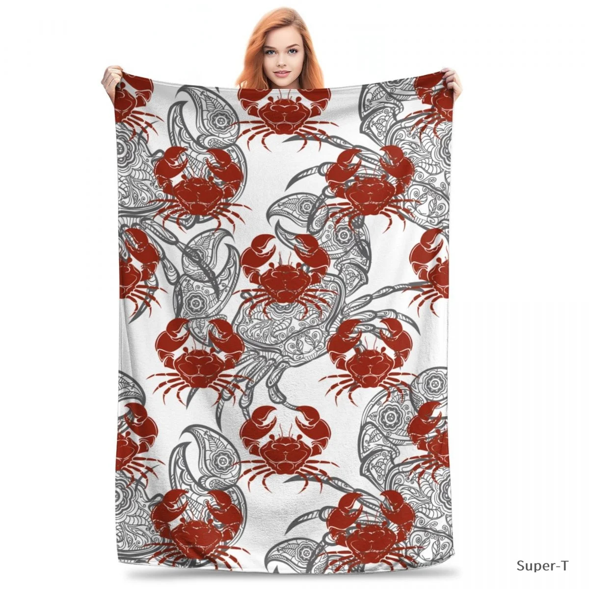 Grey And Red Crabs Flannel Blanket Soft Warm Throw Blankets For Chair Sofa Bed Travel Bedspread Sofas Cover Tapestry