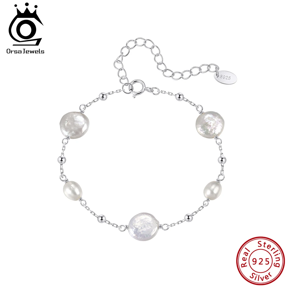 

ORSA JEWELS 925 Sterling Silver Natural Chunky Pearl Chain Bracelet for Women Fine Retro Party Hand Chain Jewelry GPB59