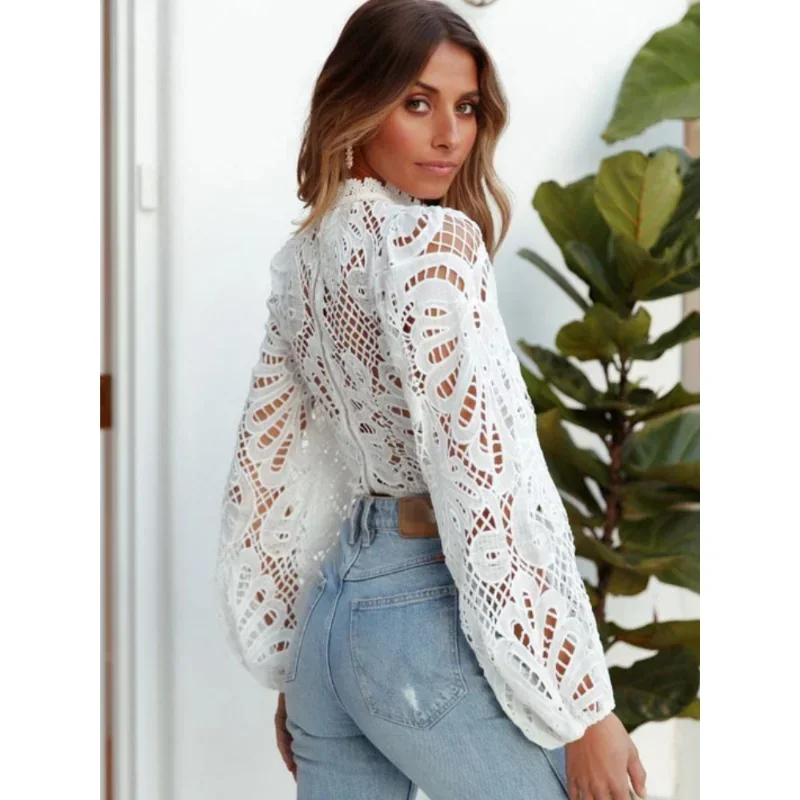 

2024 Spring New Sexy Long Sleeve Lace Shirts Women Blouses Casual Crochet Hollow Out Elegant Tops Cropped Turtleneck Blusas