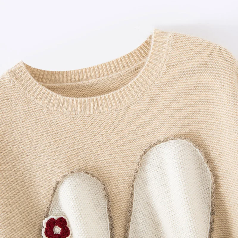 Autumn/Winter New Women's 100% Pure Cashmere Pullover Casual Embroidered Knitted Sweater Loose Round Neck Tops Thick Warm Jumper