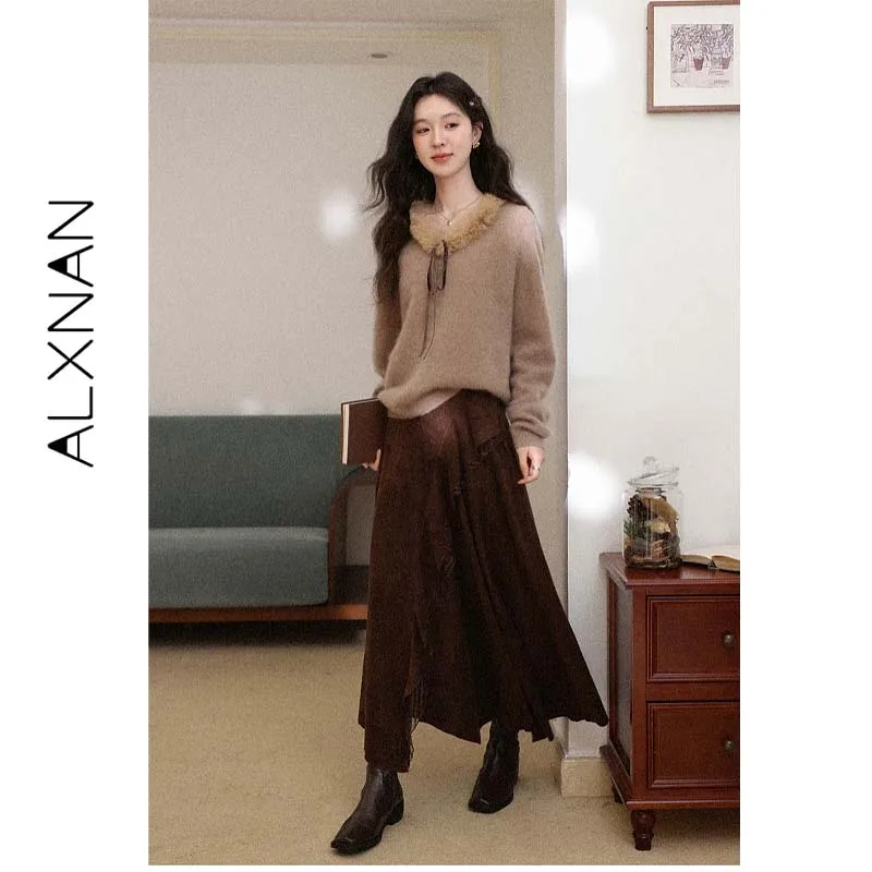 ALXNAN Women Autumn Winter Wool Sweater 2026 New Arrival Furry Collar Ribbon Tie Loose Fit Elegant Pullover Knit Tops L60125