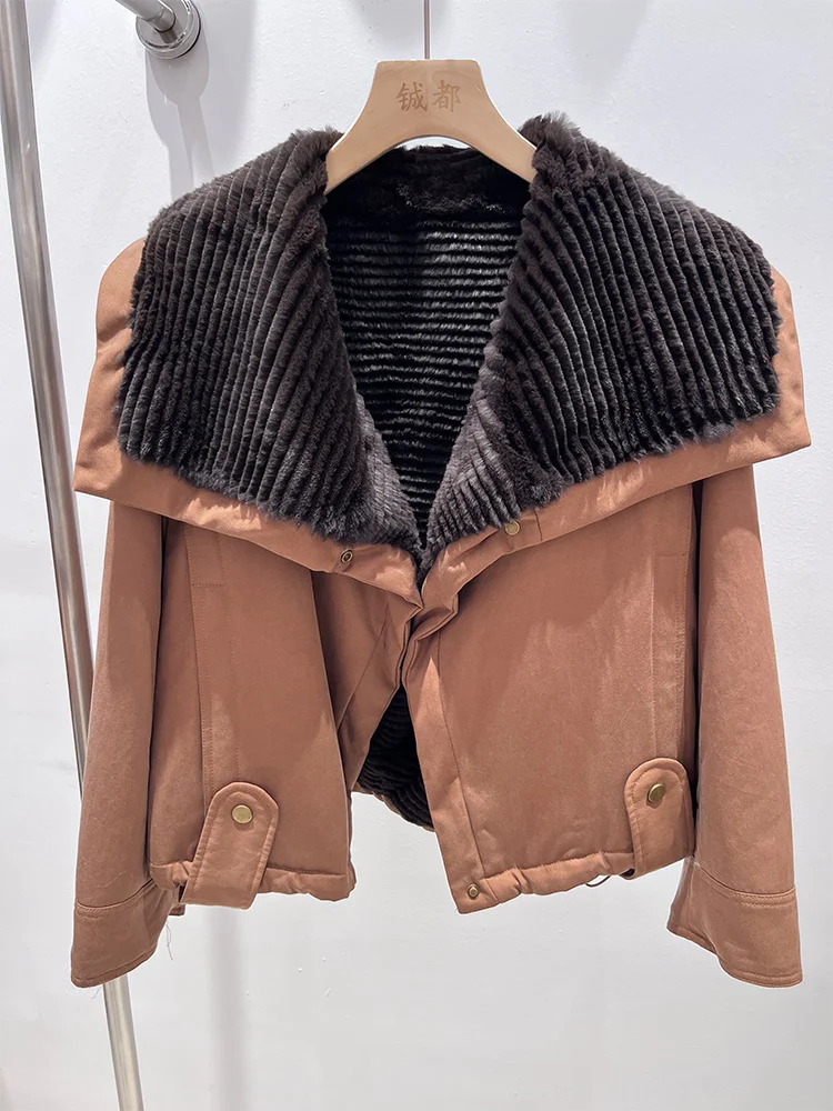 2025 mulheres inverno quente natural rex coelho pele jaquetas gola de pele casaco grosso feminino outwear