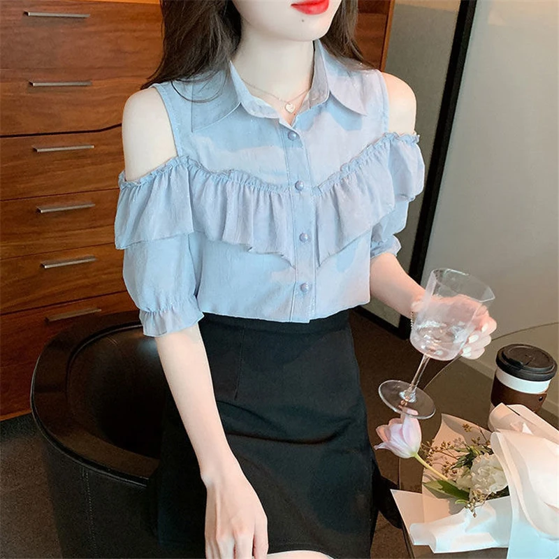Women Ruffle Sexy Off Shoulder Chic Sweet Shirts Summer Korean Style Lapel Short Sleeve Blouses Solid Elegant Chiffon Tops Blusa