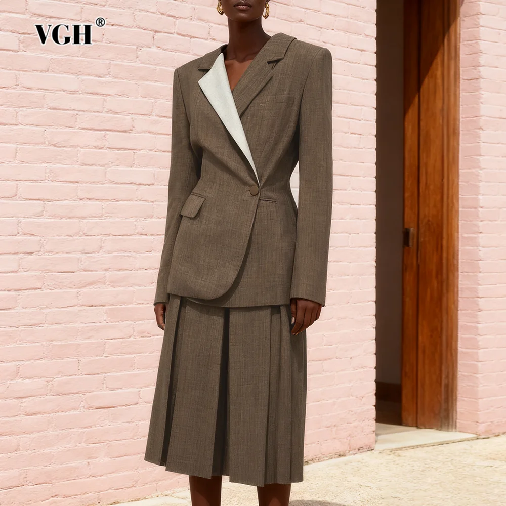 

VGH Elegant Slimming Commute Jackets For Women V Neck Long Sleeve Spliced Pockets Autumn Designer Jacket Female Fashion Style
