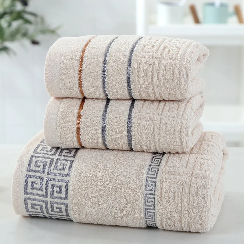 

Cotton towel bath towel three-piece set, absorbent grid hair towel set
