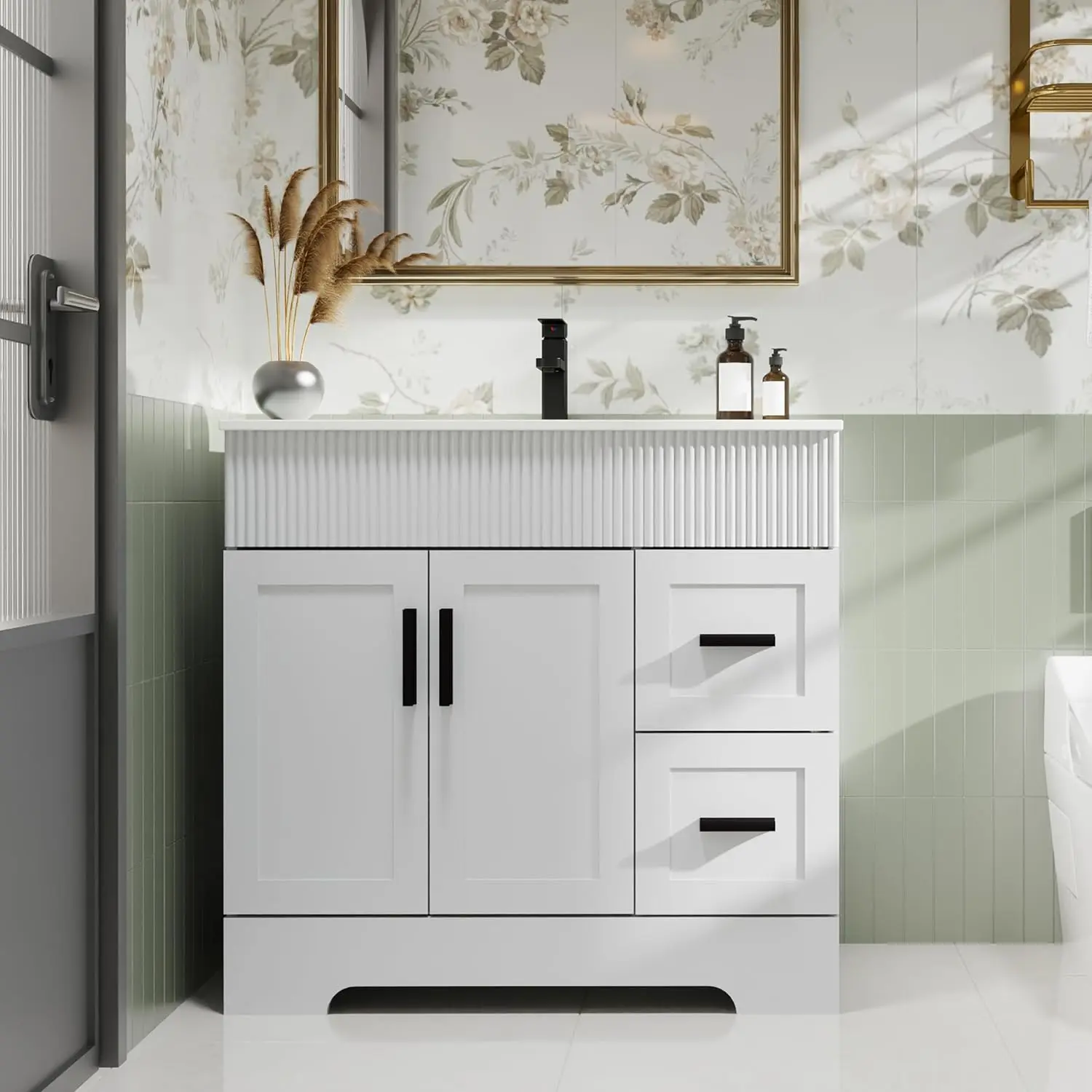 Combinación de lavabo de baño de 36" con superficie pintada, gabinete con cajones moderno con líneas onduladas decorativas, fregadero individual bajo montaje