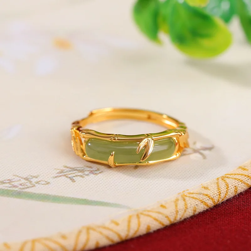 Natural Hetian S925 Sterling Gold-Plated Curved Tube Jade Joint Leaf Hollow Silver Ring