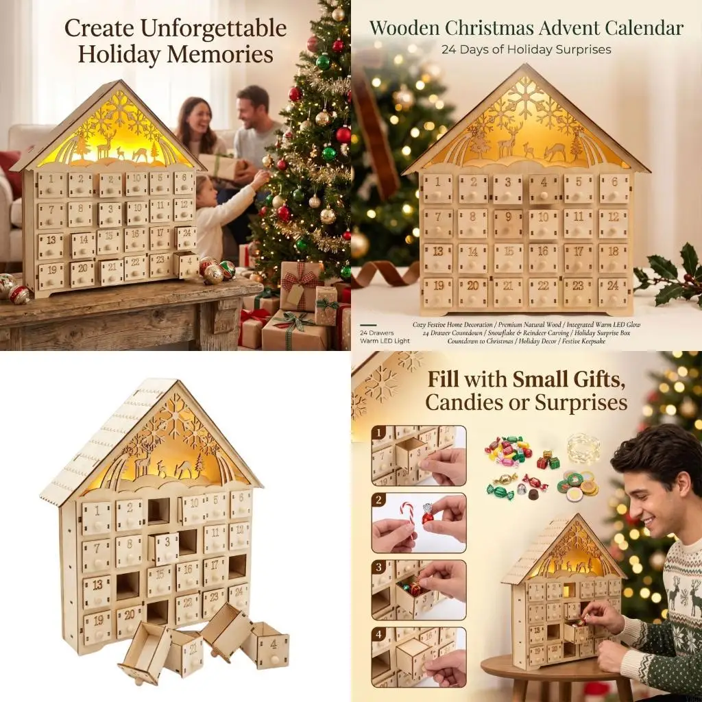 Christmas Advent Calendar with 24 Numbered Drawers, LED Light, Coated Finish, and House Form for Indoor Display Y5GB